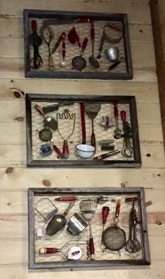 two metal trays filled with different types of kitchen utensils