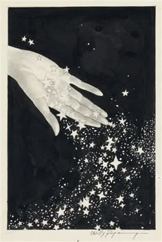 hand reaching for stars in the night sky with black and white ink, from an illustration by person