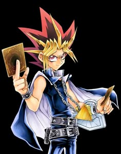 an anime character holding a card and pointing to the side with his finger in one hand