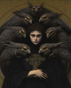 a woman is surrounded by many birds