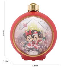 the mickey and minnie mouse christmas ornament is shown with measurements for each item