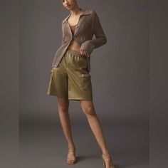 Anthropologie Avec Les Filles Utility Shorts Faux Leather Olive New With Tags Polyurethane Side-Slant Pockets Zipper Styling Machine Wash Imported 13" Rise 8.75" Inseam 21" Leg Opening Utility Shorts, Summer Sewing, Olive Color, Spring 2023, Summer Trends, Anthropologie, Faux Leather, Womens Shorts, Clothes For Women