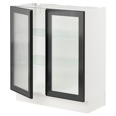 a white and black cabinet with glass doors