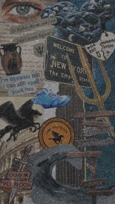 a collage of images with words and pictures on them, including a bird flying over the signposts