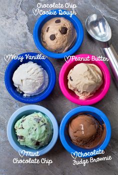 four different types of ice cream in bowls