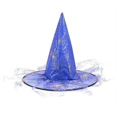 a blue witches hat sitting on top of a table