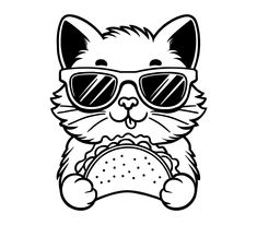 a cat wearing sunglasses and holding a piece of bread in its paws, while sitting down