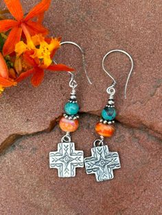 Sterling Silver Southwestetn Cross Dangle Earrings, with Spiny Oyster and Turquoise. Southwest Summer Boho!  on Sterling Earwire. 2.5 inches long Bohemian Multicolor Hypoallergenic Jewelry, Southwestern Style Multicolor Nickel-free Jewelry, Southwestern Nickel-free Jewelry As Gift, Southwestern Style Dangle Jewelry As Gift, Nickel-free Southwestern Style Jewelry As Gift, Nickel Free Southwestern Jewelry For Gift, Rustic Turquoise Nickel Free Earrings, Nickel-free Southwestern Style Jewelry For Gift, Nickel-free Southwestern Jewelry For Gift