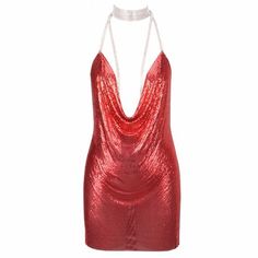 Red Glittery Shine Mini Dress sold by Outletpad on Storenvy Red Backless Dress, Red Halter Dress, Backless Cocktail Dress, Silver Mini Dress, Chain Gang, Metal Dress, Halter Cocktail Dress, Low Back Dresses, Chain Dress