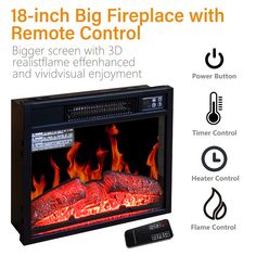 an electric fireplace with remote controls and instructions on the front side, including timer control