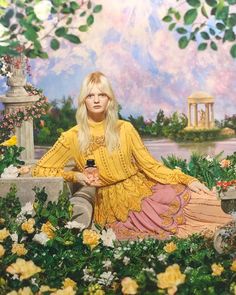 a painting of a woman sitting on a stone bench surrounded by flowers and greenery