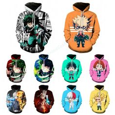 anime hoodie sweatshirts with the image of all different characters and colors on them