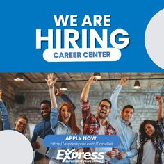 an advertisement for a career center with people raising their hands in the air and texting we are hiring