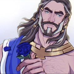 a man with long hair and beard wearing a blue robe holding a rose in his right hand