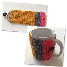 two mug cozies with handles made to look like knitted coffee cup cozyies