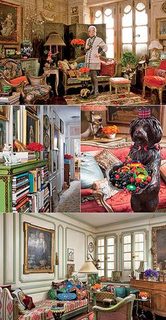 there are pictures of the inside of a house with furniture and decorations in it, including a dog statue