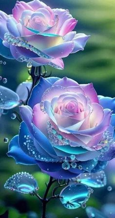 two blue and pink roses with water droplets on them