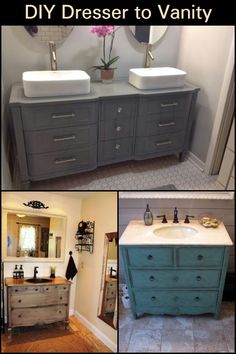 three different pictures with the words diy dresser to vanity