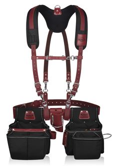 a leather harness with suspenders and two pouches on the side, all in black and red