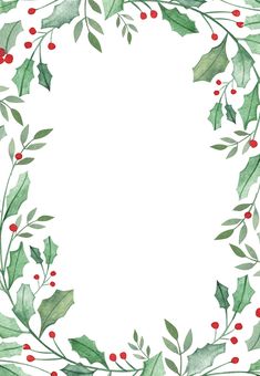 a watercolor christmas wreath with holly leaves and red berries on white background, ready to be used as a holiday card