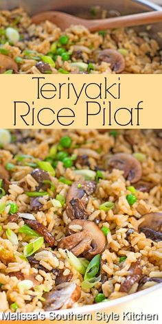 a close up of rice and mushrooms in a pan with the words teriya rice platter