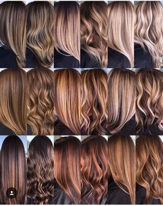 Hair Color Names Shades Blonde, Cooper Carmel Hair, Different Type Of Highlights, Flame Balayage, Cool Skin Tone Hair Color, Warm Caramel Balayage, Hair Color Swatches, Hair Color Options, Brunette Hair With Highlights