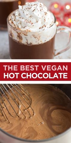 hot chocolate in a pan with whipped cream on top and the words 5 minute vegan hot chocolate