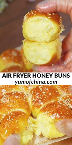 two pictures showing different types of breads with the words air fryer honey buns