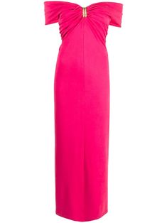 fuchsia pink knitted construction gold-tone hardware draped detailing cut-out detailing fitted waistline off-shoulder long length Pink Maxi Dress, Fuchsia Pink, Dress Pink, Long Length, Day Dresses, Knitted Fabric, Evening Dresses, Off Shoulder, Colorful Dresses