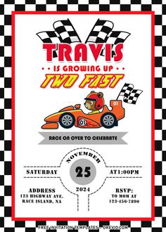 a race car birthday party flyer with checkered background and an image of a teddy bear driving