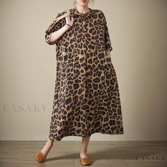 Lasaky - Vintage-inspired Loose Leopard Print Short-Sleeve Resort Dress Casual Oversized Printed Dresses, Casual Half Sleeve Maxi Dress For Fall, Casual Oversized Brown Maxi Dress, Oversized Brown Casual Maxi Dress, Oversized Brown Maxi Dress Casual, Casual Printed Midi Dress With Half Sleeves, Hemp Dress, Holiday Maxi Dress, Velvet Bodycon Dress