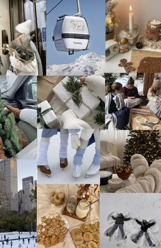 collage of photos with people in the snow and christmas decorations, trees, and buildings