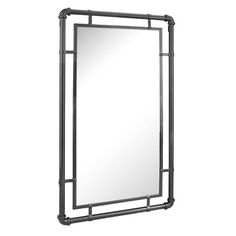 a mirror that is on top of a metal frame with an iron bar around it