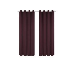 two dark red curtains hanging on the side of a white wall, one is closed