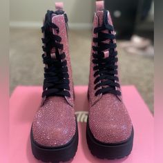 Brand New In Original Box With Original Stuffing Size 6 Trendy Glitter Boots With Round Toe, Pink Round Toe Party Boots, Pink Sparkling Boots For Party, Trendy Pink Glitter Boots, Pink Sparkling Party Boots, Sparkling Pink Party Boots, Pink Glitter High Heel Boots, Pink Glitter Boots With Round Toe, Pink Glitter Accented Round Toe Boots