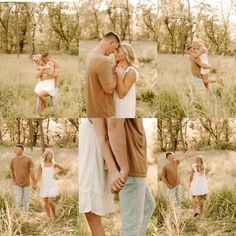 a man and woman are standing in the grass with their arms around each other as they hug