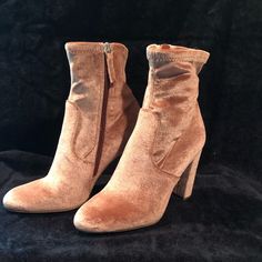 These Pink Velvet Booties Are Great For Any Occasions. Either With A Cocktail Dress Or Your Favorite Pair Of Jeans. The Side Zippers Make Them Easy To Put On And Off. With Their Great Western Round Toe And The Block Heels Make Them Comfortable For Dancing All Night. Fall High Heel Booties, High Heel Booties With Stacked Heel For Winter, Winter High Heel Booties With Stacked Heel, Winter Beige Booties With Stacked Heel, Winter Booties With Stacked High Heel, Winter Booties With Reinforced Heel Medium Width, Padded Ankle Booties, Winter Booties With Reinforced Heel And Medium Width, Winter Suede Booties With Almond Toe