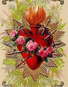 a red heart surrounded by flowers and leaves