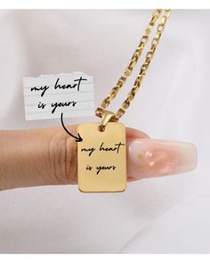 Beautifully made and personalized handwriting necklace.  Crafted with care and imbued with personal meaning, our unisex handwritten necklace captures the essence of individuality. Each delicate pendant is meticulously inscribed with a cherished message, name, or date, creating a timeless keepsake that speaks directly to the heart. As unique as the wearer themselves, this elegant accessory serves as a reminder of love, connection, and the beauty found in the handwritten word. Personalized Rectangular Pendant Jewelry For Valentine's Day, Personalized Rectangular Pendant For Valentine's Day, Customized Rectangular Pendant Necklace For Gift, Hand Stamped Charm Necklace For Valentine's Day, Personalized Meaningful Dog Tag Necklaces, Personalized Dog Tag Necklace For Mother's Day, Hand Stamped Dog Tag Necklace For Gift, Personalized Dog Tag Jewelry As Gift, Personalized Dog Tag Necklaces