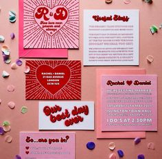 valentine's day cards and confetti on a pink background