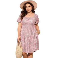 Plus Size Summer Dress Womens Plus Size Clothing Plus Size Square Neck Dress Ruffle Sleeve Flowy Dress with Pockets Pink Purple Flower 2XL Plus Size Summer Dress, Plus Size Summer Dresses, A Line Maxi Dress, Target Clothes, Square Neck Dress, Beach Maxi Dress, Clothing Plus Size, Plus Size Summer, Midi Dress Summer