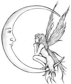 a drawing of a fairy sitting on the moon