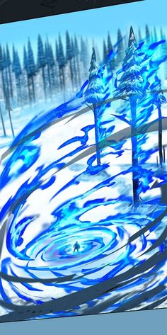 an animated image of trees in the snow with water swirling around them and blue swirls