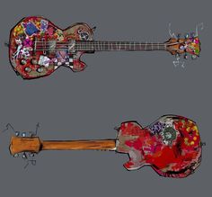 two guitars with different designs on them