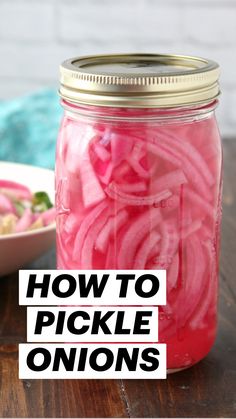 pickle onions in a mason jar with text overlay