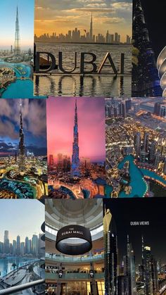 the collage shows many different cities and their name in each one image, including burj