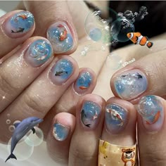 Frutiger Aero Nails, Aquarium Nails, Fish Nails, Bubble Nails, Water Nails, Hippie Nails, Frutiger Aero, Pretty Gel Nails