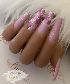 Girlie Nail Designs, Bling Spring Nails, Flower Design For Nails, Spring Nails Coffin Acrylic, Pink Nails With Flower Design, Nail Designs With Flowers, Spring Acrylic Nail Designs, Nail Flower Designs, Flower Design Nails