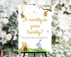 a sign with winnie the pooh on it that says, are you in your tummy? please help yourself