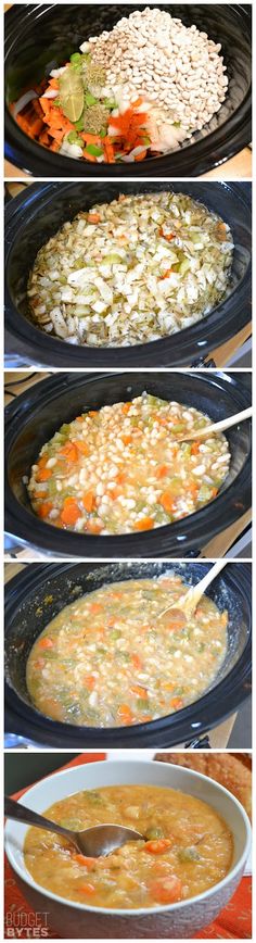 four pictures showing different types of food being cooked in crockpots and on the stove